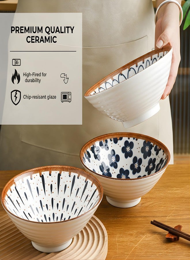 OLWICK طقم أوعية تقديم سيراميكية حرفية من أولويك مكون من 4 قطع - أوعية معكرونة وسلطة مزخرفة مقاس 8 بوصات، بنقوش زرقاء وبيضاء فريدة مرسومة يدويًا، أواني طعام فاخرة قابلة للتكديس للمنزل والمطبخ كهدية (زهرة كلاسيكية). - Image 4