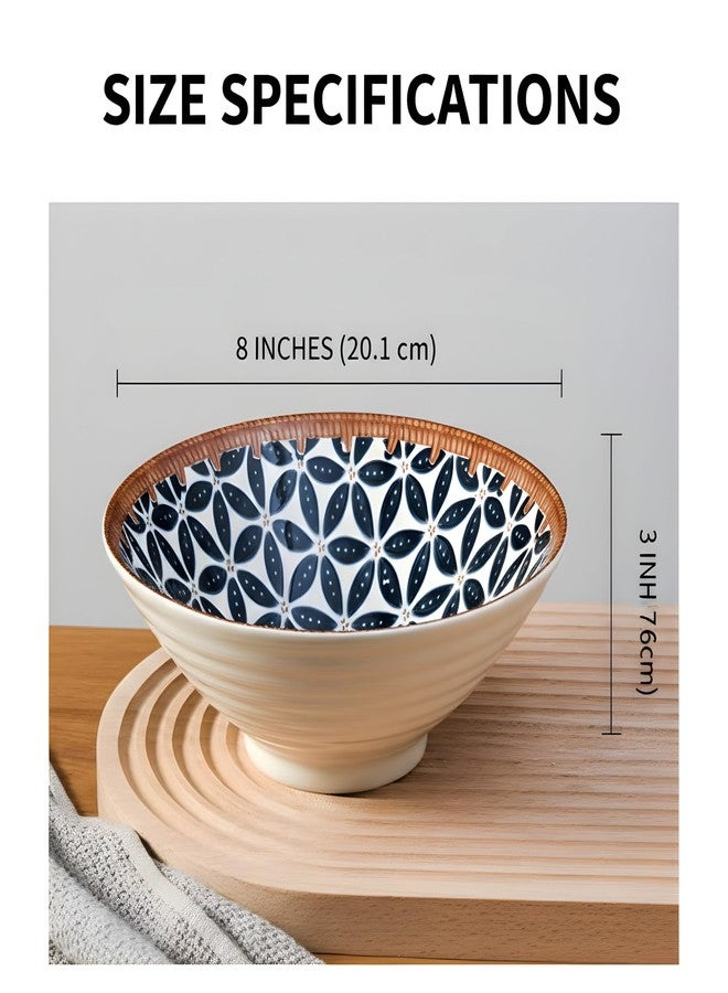 OLWICK طقم أوعية تقديم سيراميكية حرفية من أولويك مكون من 4 قطع - أوعية معكرونة وسلطة مزخرفة مقاس 8 بوصات، بنقوش زرقاء وبيضاء فريدة مرسومة يدويًا، أواني طعام فاخرة قابلة للتكديس للمنزل والمطبخ كهدية (زهرة كلاسيكية). - Image 3