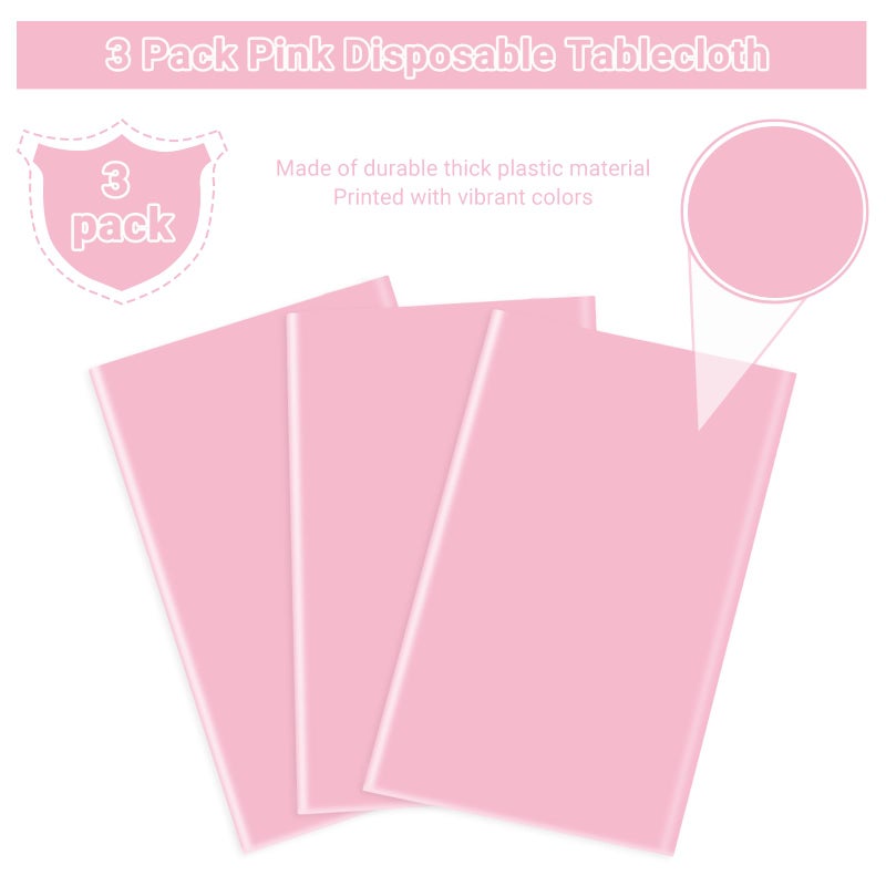 MRJ 3 Pack Pink Plastic Tablecloths for Rectangle Tables Disposable Table Cloth 54 x 108 Inch Waterproof for Girls Party Picnic Valentines - Image 3