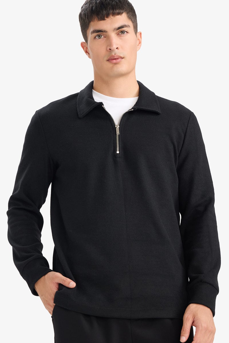 DeFacto Black Man Long Sleeve Polo Neck Regular Fit Sweat Shirt Casual - Image 1