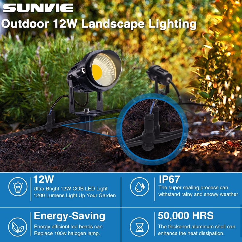 SUNVIE 12W Low Voltage Landscape Lighting Landscaping Lights with Connectors Outdoor LED Landscape Light 3000K Waterproof Tree Flag Lights Low Voltage Lighting with Stand for Garden Yard Path, 16 Pack - Image 4