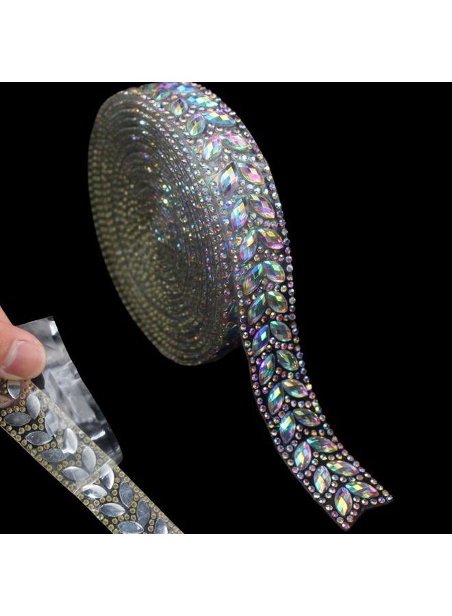 PEARLY JUN 1 Yard Rhinestone Ribbon Self Adhesive Silver AB Bling Stickers Bedazzling Strips Trim Chain Tape Glitter Diamond Crystal Crafts Applique Sticker for Party Phone Wedding Cake Decoration - Image 1