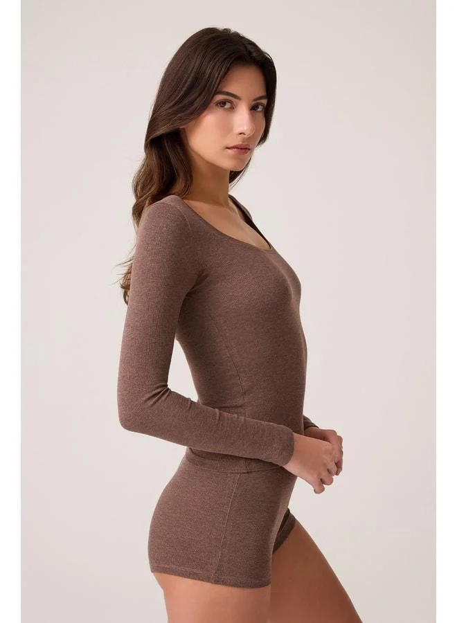 Los Ojos x Ece Brown Modal Fabric Long Sleeve Shorts Pajama Set Ribbed PJ.