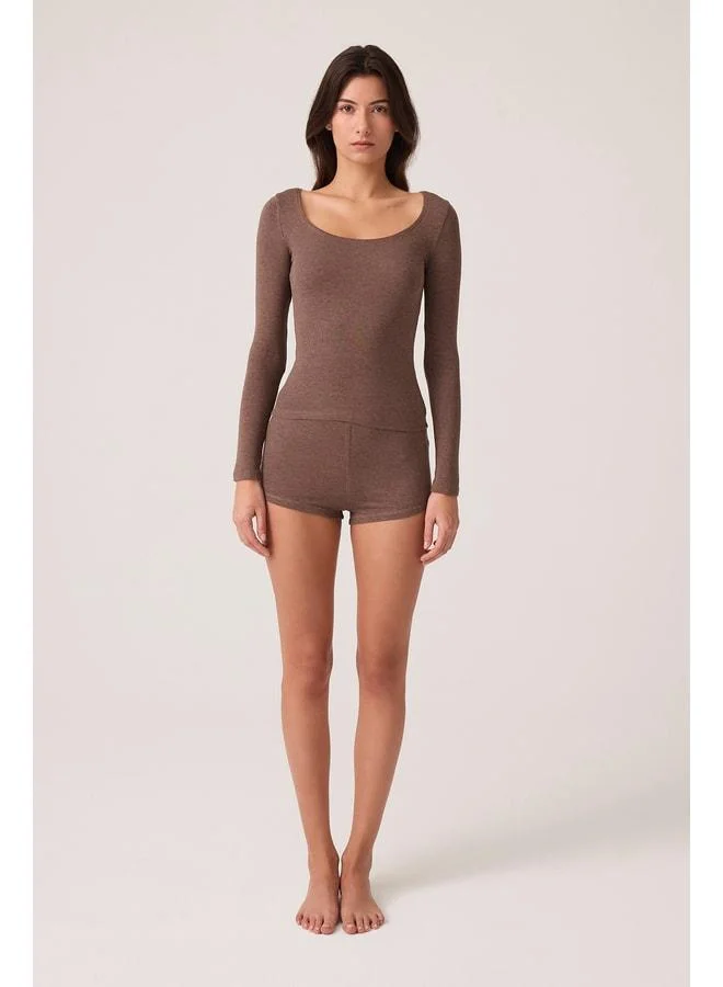 Los Ojos x Ece Brown Modal Fabric Long Sleeve Shorts Pajama Set Ribbed PJ.