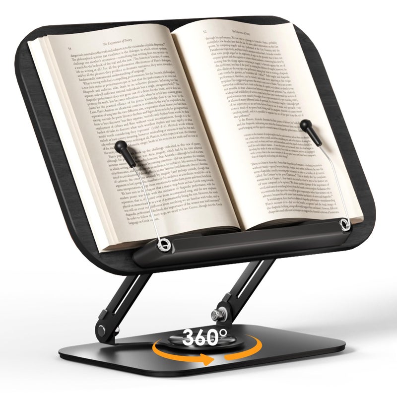 SupeDesk Book Stand for Reading, Adjustable Book Holder with 360° Rotating Bases, Foldable Designs, and Elastic Clips, Multifunctional Display Stand for Recipe, Cookbooks, Magazines, Tablets (Black) - Image 1