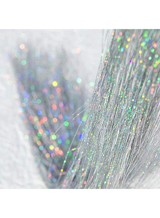 La Bella 47" Holographic Hair Tinsel Shining Silver Professional Sparkle Heatresistant Silk Extensions Easy To Apply Hair Accessories For Girls Party Hair Gifts For Girls (400 Strands Shining Silver) - Image 2