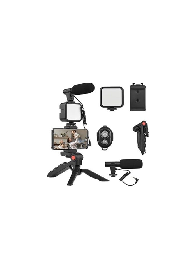 Generic - Vlogging Kit Included Bluetooth Remote, Mic, Mini Tripod Stand, LED Light & Phone Holder Clip for Making Videos/Recording YouTube Videos/Podcasting/Content Creation-Black - Image 1