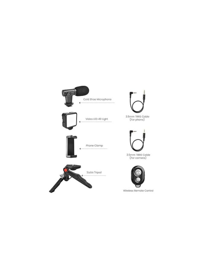 Generic - Vlogging Kit Included Bluetooth Remote, Mic, Mini Tripod Stand, LED Light & Phone Holder Clip for Making Videos/Recording YouTube Videos/Podcasting/Content Creation-Black - Image 1