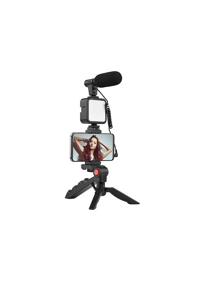 Generic - Vlogging Kit Included Bluetooth Remote, Mic, Mini Tripod Stand, LED Light & Phone Holder Clip for Making Videos/Recording YouTube Videos/Podcasting/Content Creation-Black - Image 1