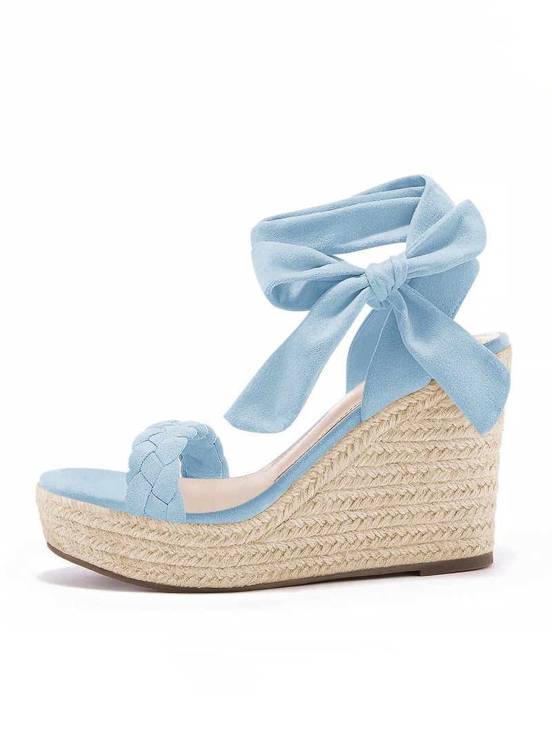 Syktkmx Womens Braided Wedge Espadrille Sandals Lace Up Slingback Open Toe Summer Platform Heeled Shoes, Blue, Size 8 - Image 5