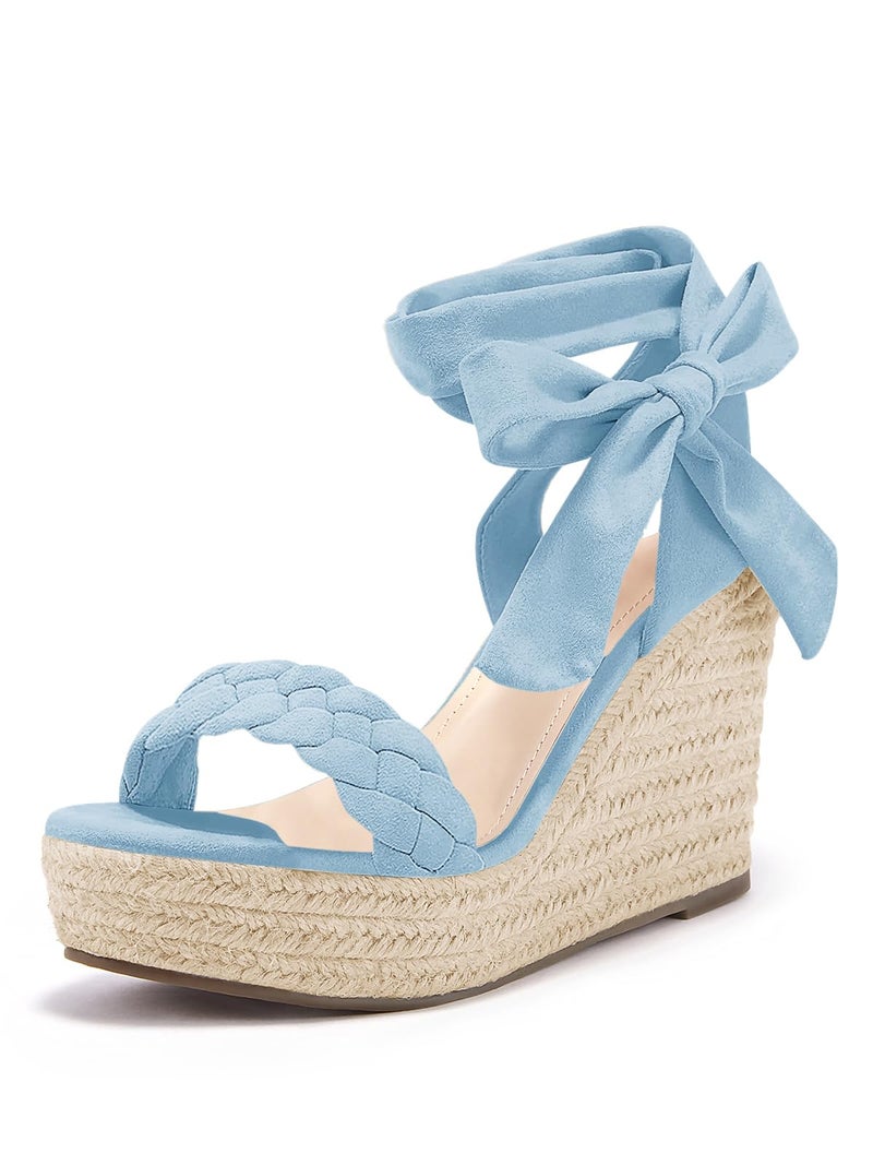 Syktkmx Womens Braided Wedge Espadrille Sandals Lace Up Slingback Open Toe Summer Platform Heeled Shoes, Blue, Size 8 - Image 1