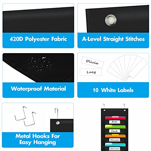 Vantasii Organization Pocket Chart with 10 Pockets, Hanging Wall File Organizer, 2 Over Door Metal Hangers Included, 10 Dry-Erase White Labels,Organize Your Assignments, Files (Black, 14” x 47”) - Image 3