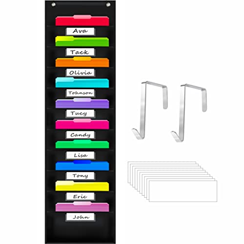 Vantasii Organization Pocket Chart with 10 Pockets, Hanging Wall File Organizer, 2 Over Door Metal Hangers Included, 10 Dry-Erase White Labels,Organize Your Assignments, Files (Black, 14” x 47”) - Image 1