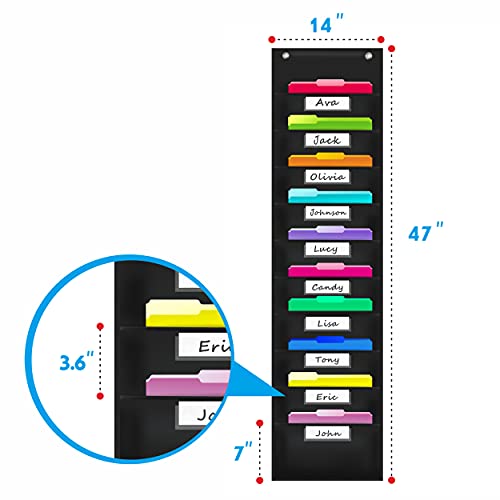 Vantasii Organization Pocket Chart with 10 Pockets, Hanging Wall File Organizer, 2 Over Door Metal Hangers Included, 10 Dry-Erase White Labels,Organize Your Assignments, Files (Black, 14” x 47”) - Image 2