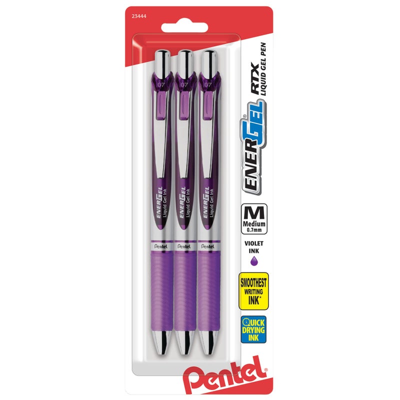 Pentel أقلام جل بنتل® إنرجل® ديلوكس RTX، نقطة متوسطة، 0.7 مم، براميل متنوعة، حبر بنفسجي، عبوة من 3 - Image 1