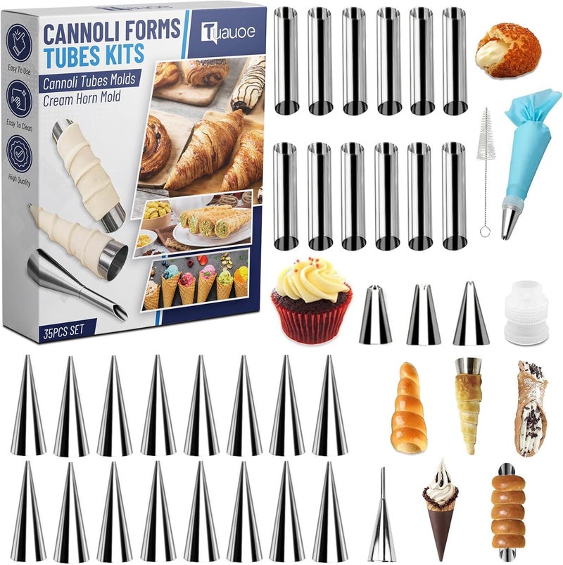 Tuauoe Cream Horn Molds for Baking, 35pcs Cannoli Tubes Molds, Non-stick Stainless Steel 16pcs Cone Shaped and 12pcs Tubular Shaped Cannoli Forms for Danish Pastry Lady Lock Form Cream Roll Croissant - Image 1