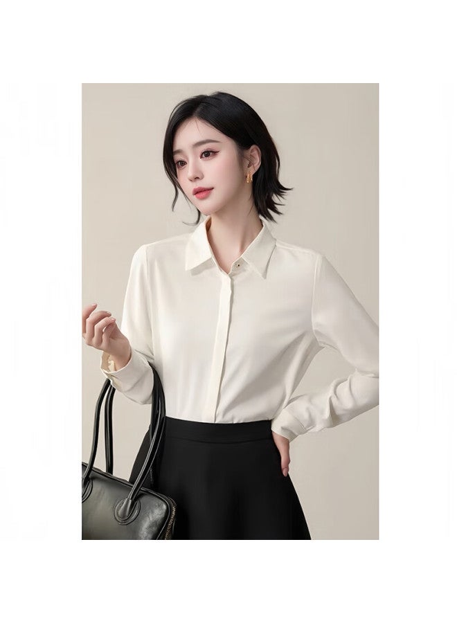 Teluoman Ol Anti-wrinkle White Shirt Women's Long Sleeve Chiffon Top Spring Autumn Casual Interview Formal Professional Wear Inner Shirt - Image 3