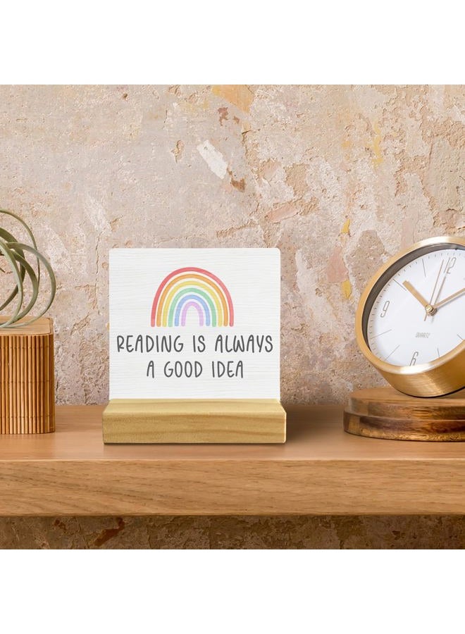 QASHWEY Read Sign Desk Decor, Boho Rainbow Wood Table Signs, Reading Corner Decor for Classroom, Reading is Always a Good Idea Wooden Plaque with Wooden Stand for Home Nursery Library - Image 5