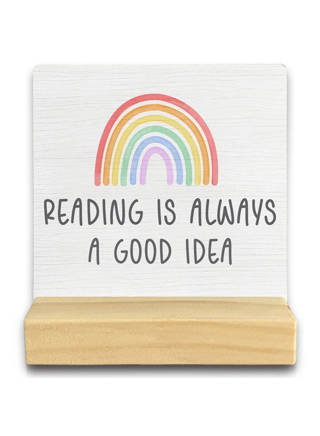 QASHWEY Read Sign Desk Decor, Boho Rainbow Wood Table Signs, Reading Corner Decor for Classroom, Reading is Always a Good Idea Wooden Plaque with Wooden Stand for Home Nursery Library - Image 1