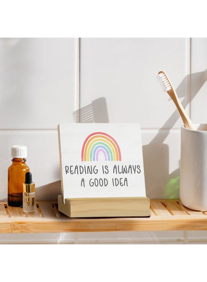 QASHWEY Read Sign Desk Decor, Boho Rainbow Wood Table Signs, Reading Corner Decor for Classroom, Reading is Always a Good Idea Wooden Plaque with Wooden Stand for Home Nursery Library - Image 2