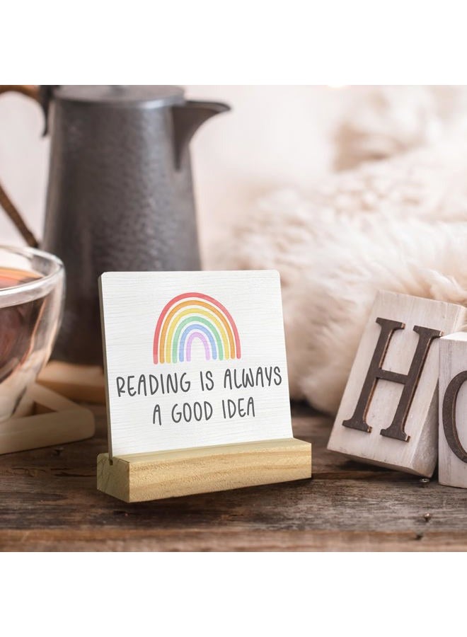 QASHWEY Read Sign Desk Decor, Boho Rainbow Wood Table Signs, Reading Corner Decor for Classroom, Reading is Always a Good Idea Wooden Plaque with Wooden Stand for Home Nursery Library - Image 3