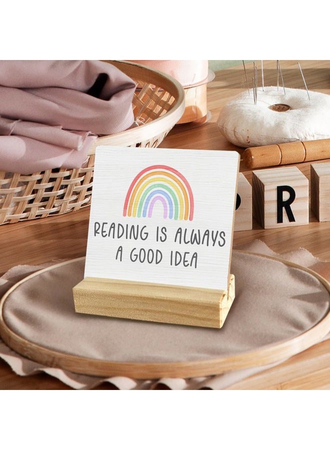 QASHWEY Read Sign Desk Decor, Boho Rainbow Wood Table Signs, Reading Corner Decor for Classroom, Reading is Always a Good Idea Wooden Plaque with Wooden Stand for Home Nursery Library - Image 4