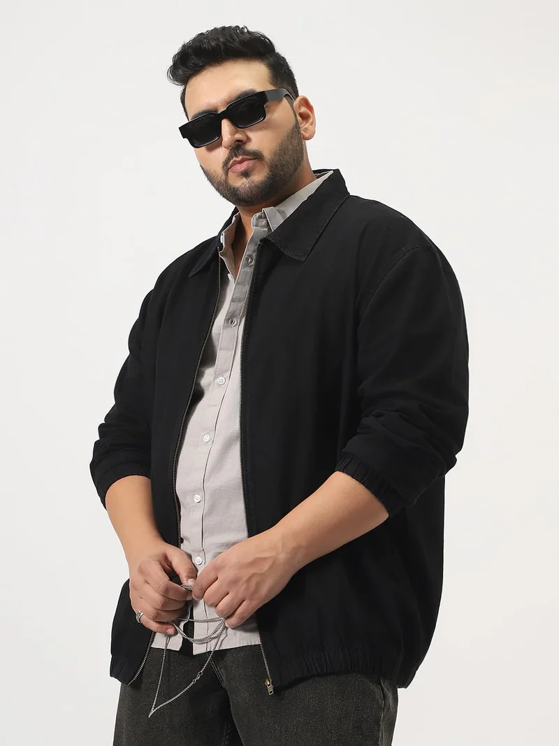 Urbano Plus Men's Black Relaxed Fit Full Sleeve Harrington Denim Jacket
