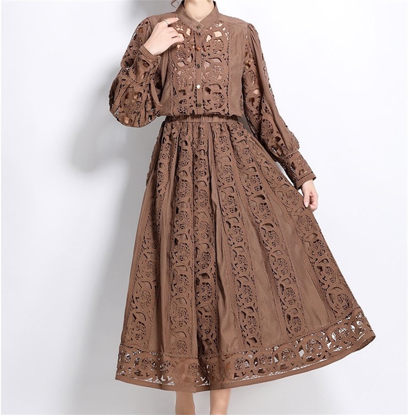24 autumn and winter Europe and the United States small heavy industry hollow lace stitching shirt top + half-length skirt suit womens in stock Brown - Image 1