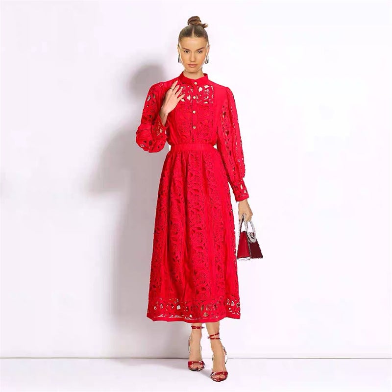 24 autumn and winter Europe and the United States small heavy industry hollow lace stitching shirt top + half-length skirt suit womens in stock Brown - Image 2
