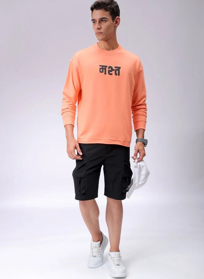 شركة المرآب الهندية Men Relaxed Fit Placement Print Crew Neck Overhead Sweatshirt