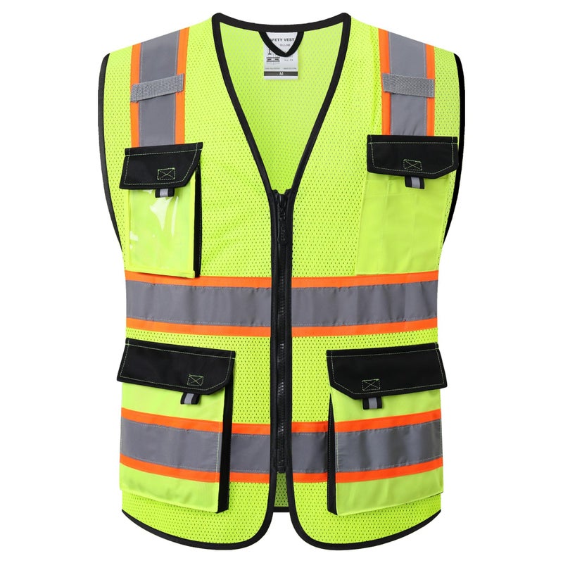 JKSafety Hi Vis Reflective Safety Vests for Men Women High Visibility Vest with Pockets Mesh Fabric Construction Safety Apparel Neon Vest for Work (220-Yellow XL) - Image 1