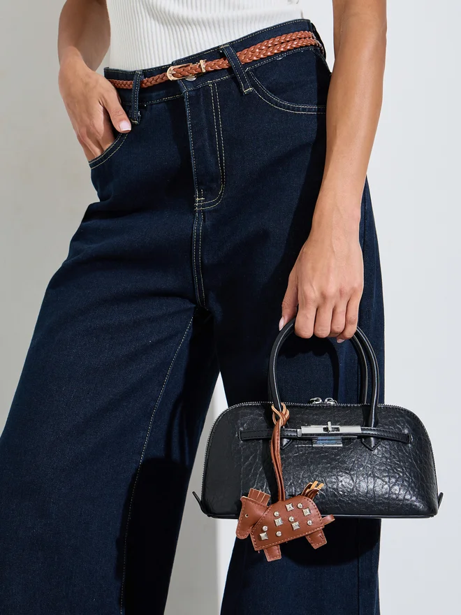 Styli Styli Black Textured Handbag with Charm