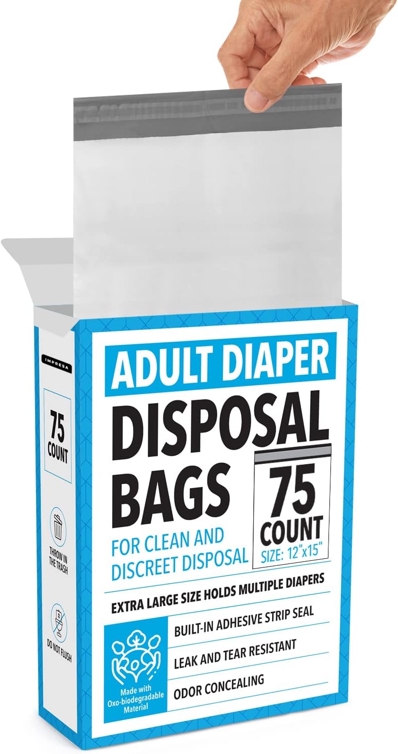 IMPRESA Disposable Adult Diaper Bags  75Pack 12 x 15 in Unscented  OdorProof LeakProof  TearResistant  ExtraThick Bags for Adult Diapers  Incontinence Pads - Image 1