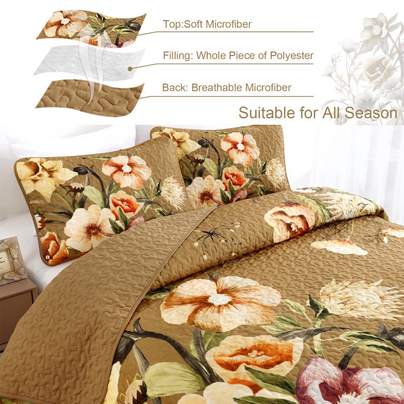 Drucon Brown Floral Quilt Set King Size 3 Pieces Brown Botanical Flower Quilt Coverlet Set Soft Microfiber Lightweight Quilted Bedspread for All Season 104"x90" - Image 4