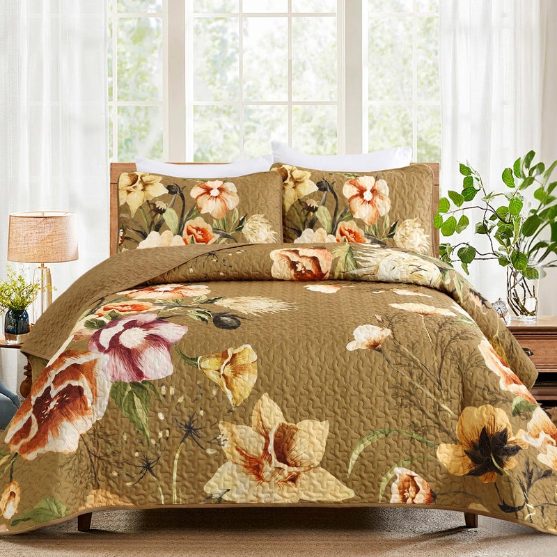 Drucon Brown Floral Quilt Set King Size 3 Pieces Brown Botanical Flower Quilt Coverlet Set Soft Microfiber Lightweight Quilted Bedspread for All Season 104"x90" - Image 1