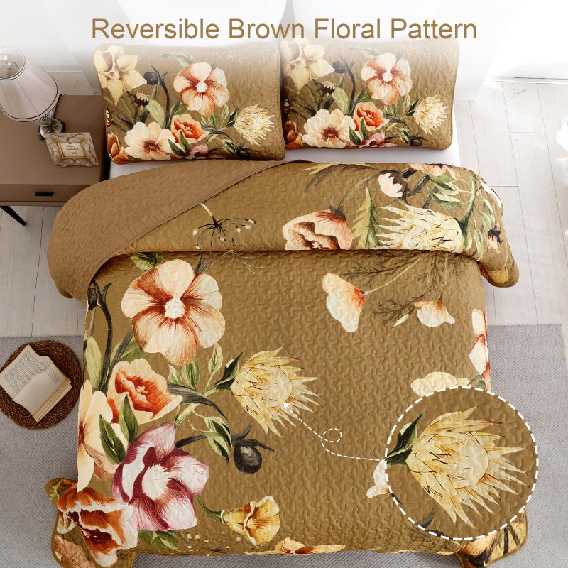 Drucon Brown Floral Quilt Set King Size 3 Pieces Brown Botanical Flower Quilt Coverlet Set Soft Microfiber Lightweight Quilted Bedspread for All Season 104"x90" - Image 3