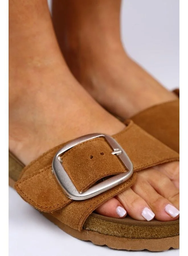 Manijero  Jade Genuine Leather Single Strap Silver Buckle Tan Slippers - Silver for Women | Best Price UAE