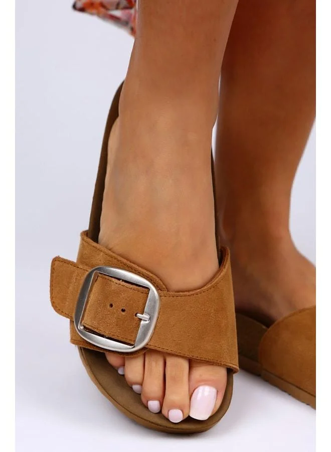 Jade Genuine Leather Single Strap Silver Buckle Tan Slippers - Silver