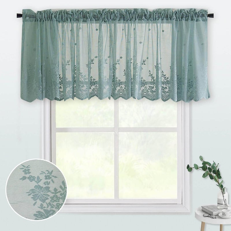 WUBODTI WUBODTI 2 Pcs Teal Sheer Swag Valances for Kitchen Windows 52x16 Inch  Blue Green Semi Sheer Window Valance Embroideried Floral Vintage Lace Valance Curtain for Living Room Bedroom Bathroom Cafe  - Image 1