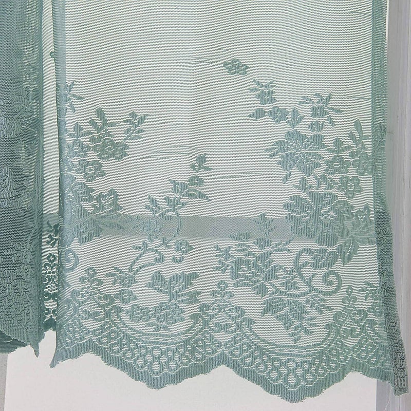 WUBODTI WUBODTI 2 Pcs Teal Sheer Swag Valances for Kitchen Windows 52x16 Inch  Blue Green Semi Sheer Window Valance Embroideried Floral Vintage Lace Valance Curtain for Living Room Bedroom Bathroom Cafe  - Image 4