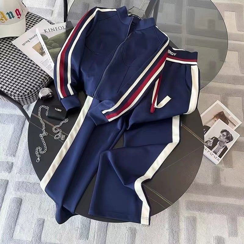 Autumn and winter womens casual sports suit Western style fashionable slimming temperament contrast color stand collar cardigan wide leg pants two-piece suit Blue