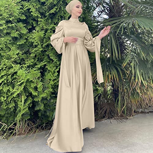OBEEII عباءة أوبيني النسائية الإسلامية بأكمام طويلة من الساتان، فستان ماكسي فضفاض بتغطية كاملة، عباءة كفتان باللون البيج + حجاب، مقاس كبير جداً - Image 4