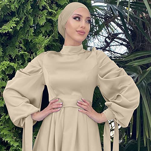 OBEEII عباءة أوبيني النسائية الإسلامية بأكمام طويلة من الساتان، فستان ماكسي فضفاض بتغطية كاملة، عباءة كفتان باللون البيج + حجاب، مقاس كبير جداً - Image 5