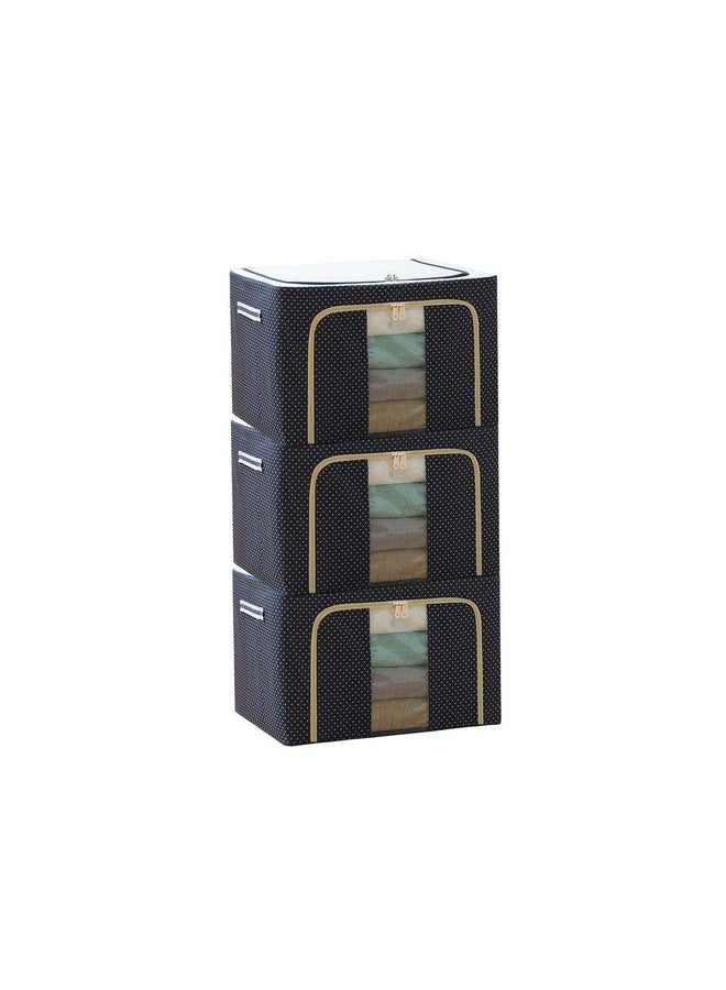 Niyam Niyam Oxford Fabric Foldable Cloths Storage Organizer Box For Saree Shirts Blanket Double Opening Zipped with Metal Frame & Carry Handles 44 Liter (3pc,Polka Dots Blue) - Image 1