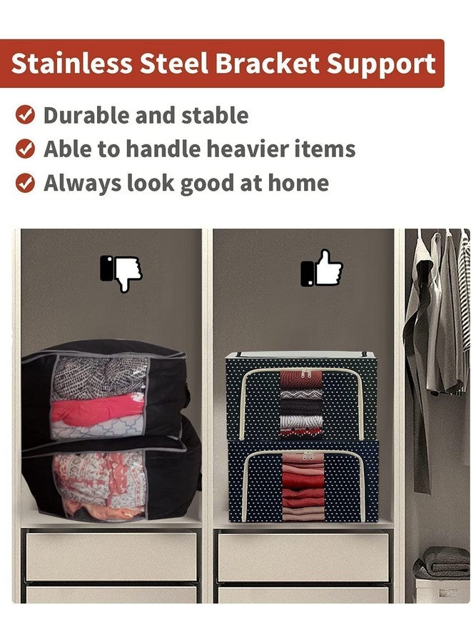 Niyam Niyam Oxford Fabric Foldable Cloths Storage Organizer Box For Saree Shirts Blanket Double Opening Zipped with Metal Frame & Carry Handles 44 Liter (3pc,Polka Dots Blue) - Image 4