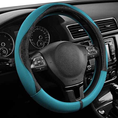 PIC AUTO Steering Wheel Cover, Black Patterned & Blue Leather Patchwork Design, Universal Fit 14.5"–15.5", Anti-Slip, Odor-Free, Soft PU Grain Leather, Durable Grip Car Accessory for Girls & Women - Image 2