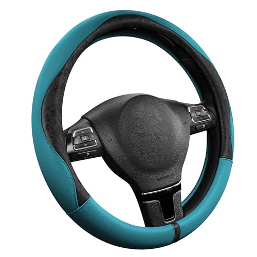 PIC AUTO Steering Wheel Cover, Black Patterned & Blue Leather Patchwork Design, Universal Fit 14.5"–15.5", Anti-Slip, Odor-Free, Soft PU Grain Leather, Durable Grip Car Accessory for Girls & Women - Image 1