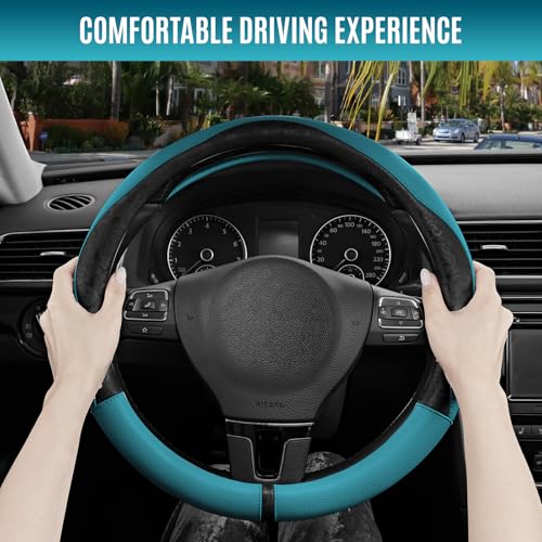 PIC AUTO Steering Wheel Cover, Black Patterned & Blue Leather Patchwork Design, Universal Fit 14.5"–15.5", Anti-Slip, Odor-Free, Soft PU Grain Leather, Durable Grip Car Accessory for Girls & Women - Image 5