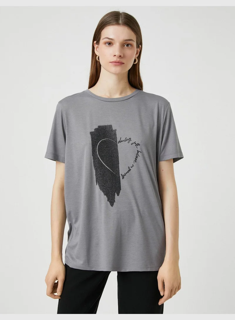 KOTON Printed Silvery T-Shirt Short Sleeve Relax Fit