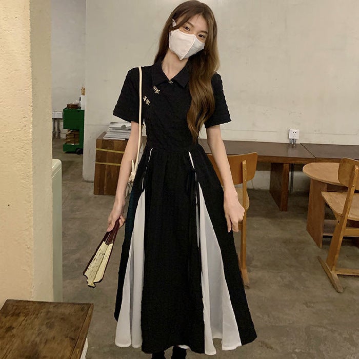 [Lian Cloth] New Chinese dress Womens Summer New Solid Color Short Sleeve Stitching Long Dress for Women Black